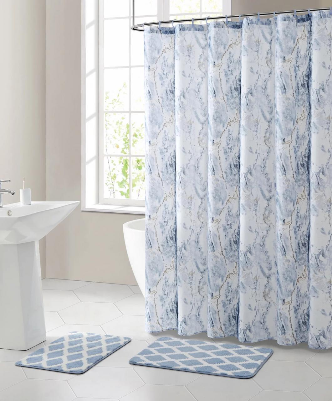 Blue Marble Polyester Shower Curtain Bath Set,15 Pieces, Mainstays
