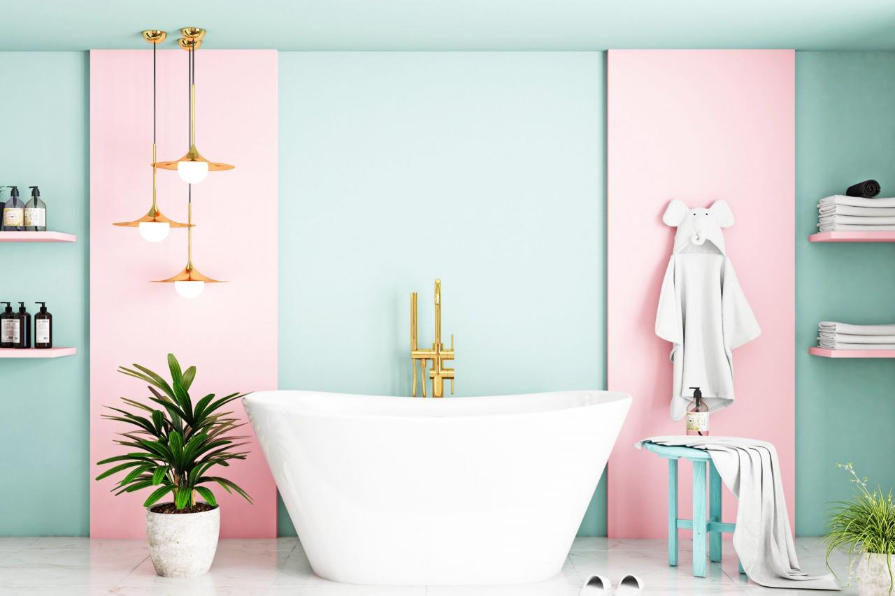 baby blue and pink bathroom with accent wall Faded Spring