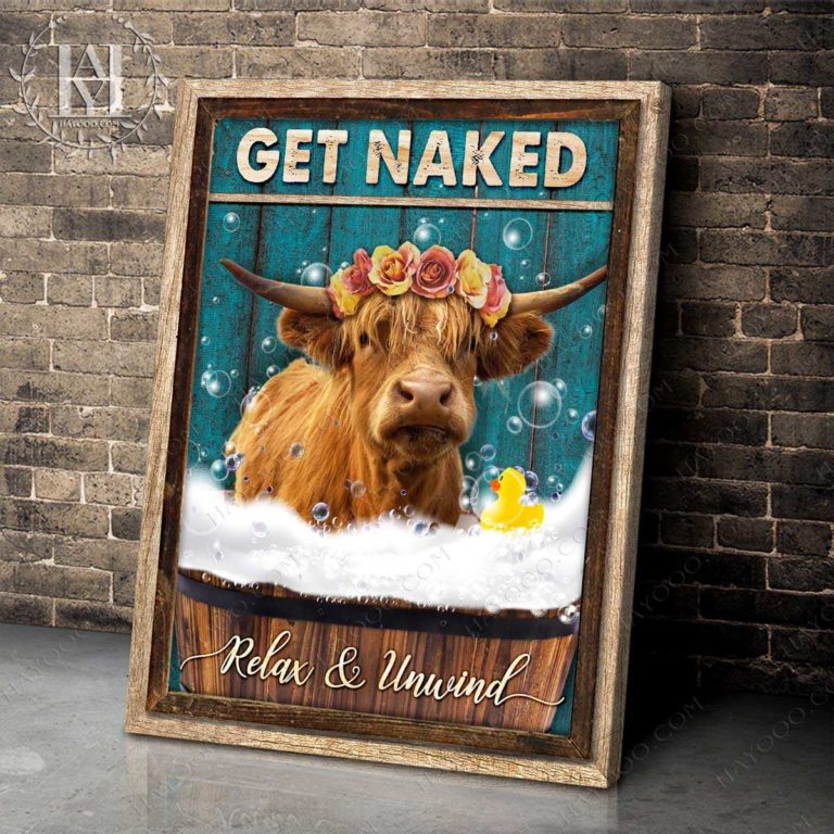 Hayooo Canvas Funny Highland Cow Bathroom Art Get Naked Wall Art For