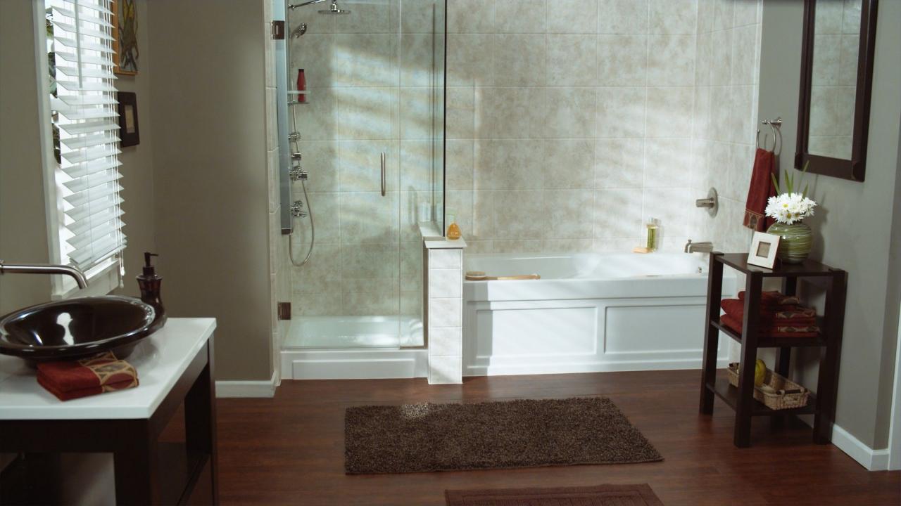 ReBath image, featuring Travertine wall surround system in 12