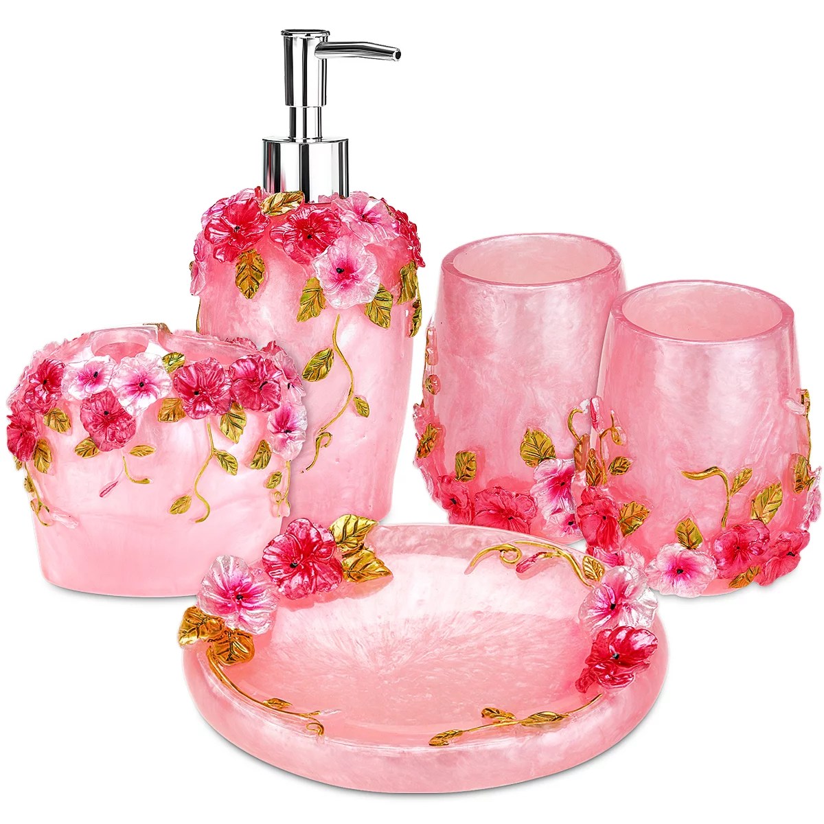 Rose Bathroom Accessories Set, 5 Piece Decorative Resin Collection Bath