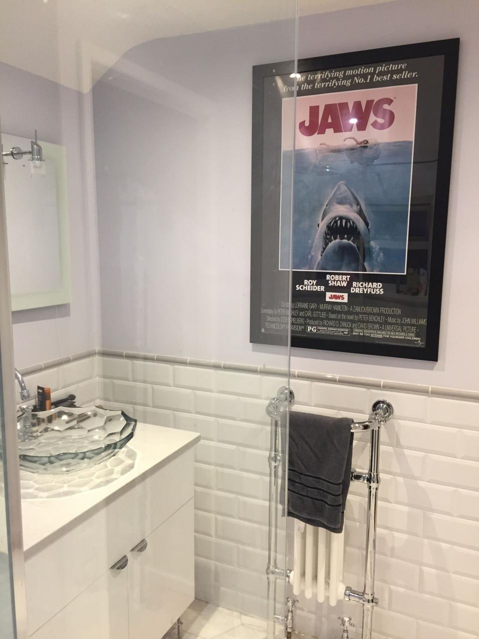 The bathroom. Beautiful Kohler glass basin and Jaws poster Glass