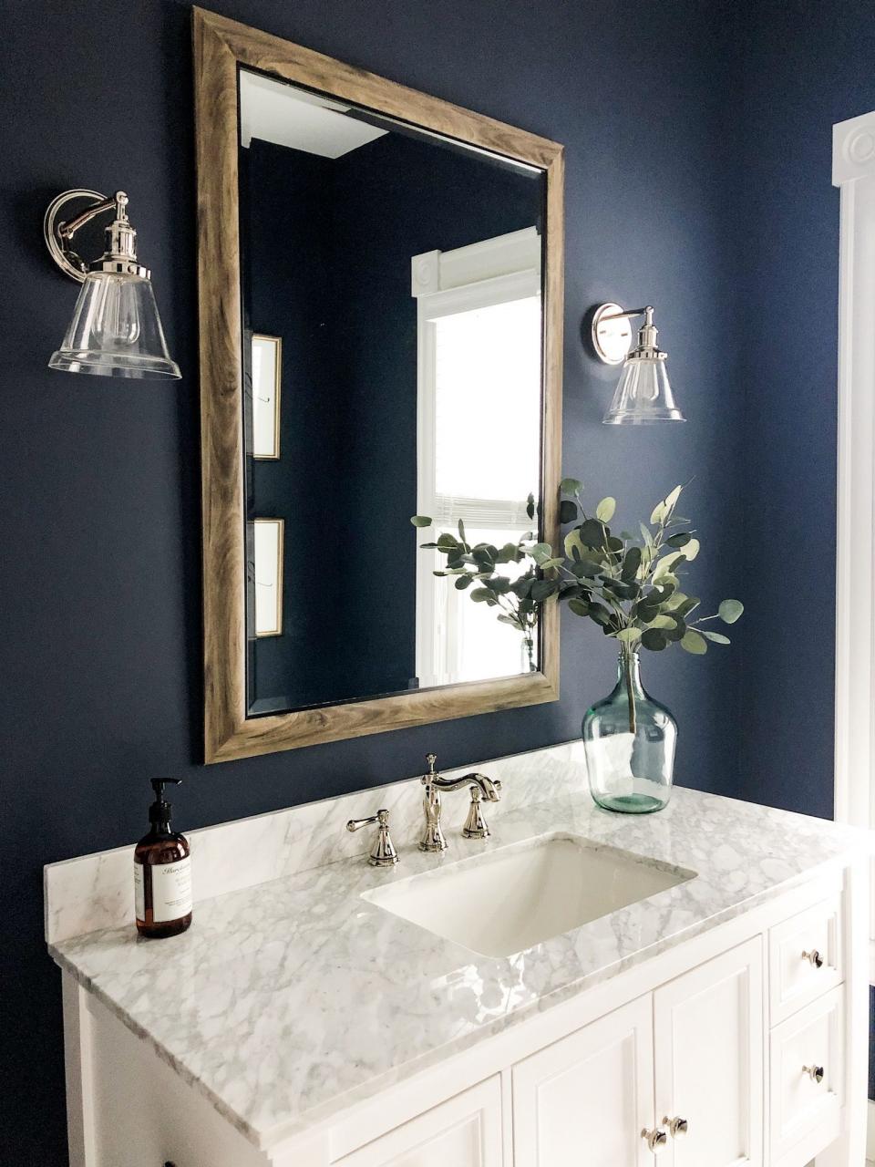 Deep blue bathroom paint color, powder room decor, bonus bathroom