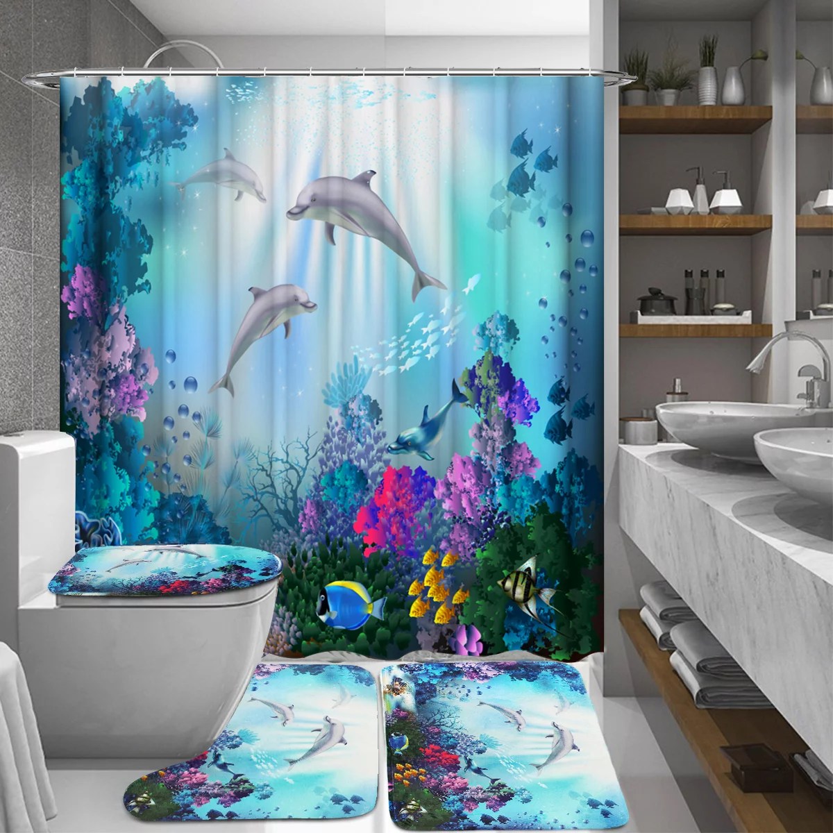 1/3/4Pcs Blue Marine Dolphin Underwater World Bathroom Shower Curtain