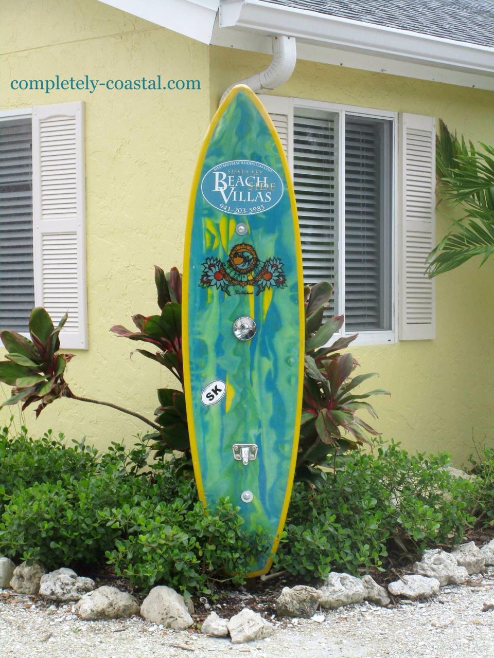 Surfboard shower Surfboard decor, Coastal style decorating, Beach