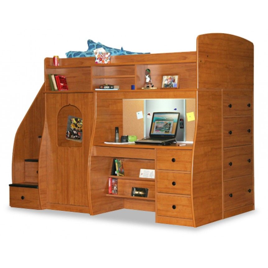 Loft bed with desk, dresser, shelving and secret space under bed and