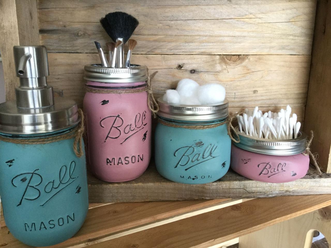Painted Mason Jars. Bathroom Decor. Painted mason jars, Jar, Mason jars