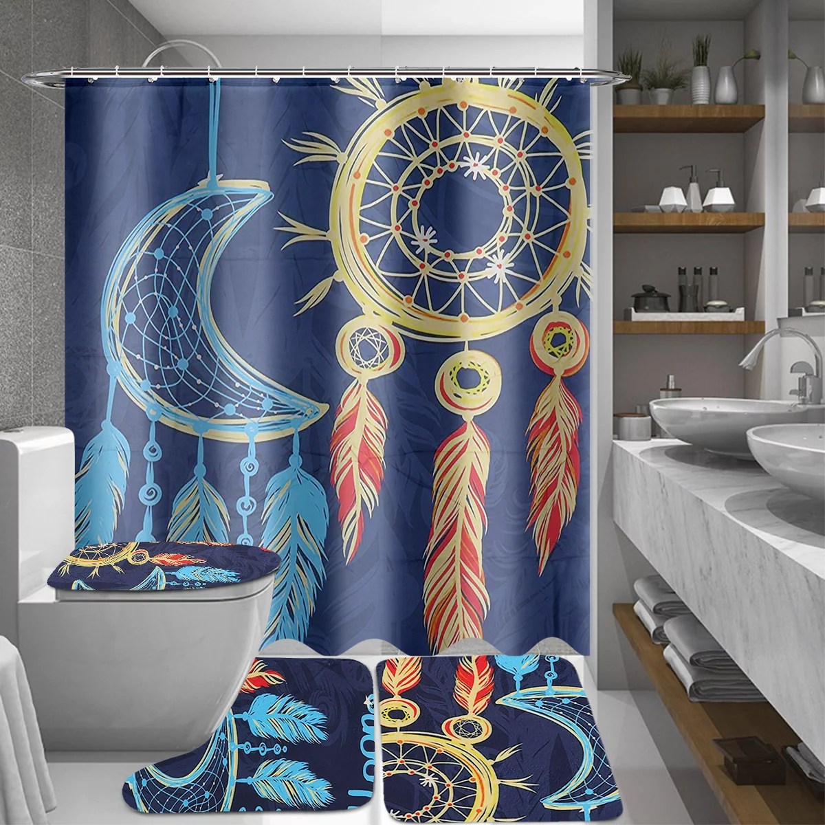 4Pcs Set Sun & Moon Totem Bath Shower Curtains Waterproof Bathroom Set