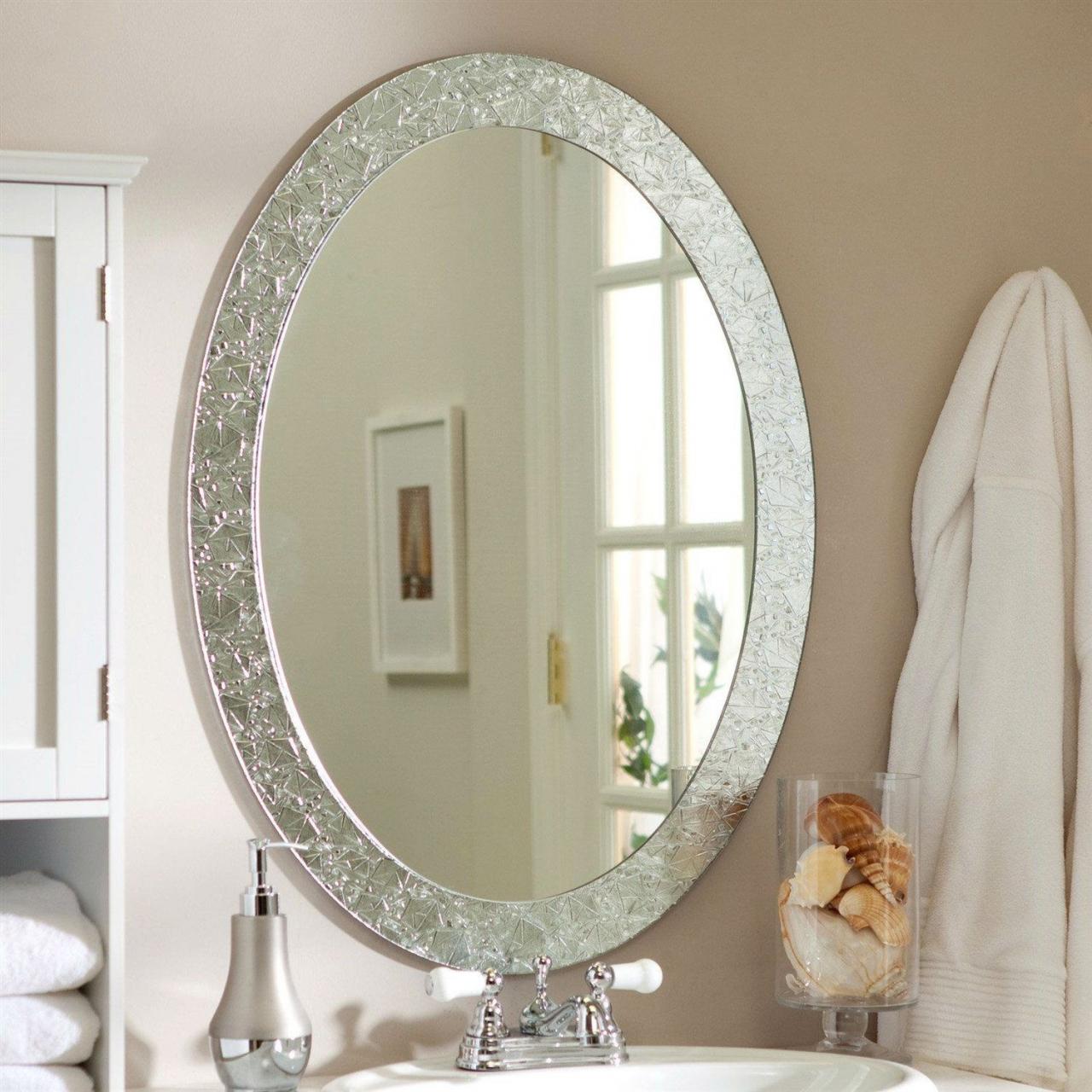 Oval Frameless Bathroom Vanity Wall Mirror with Elegant Crystal Border