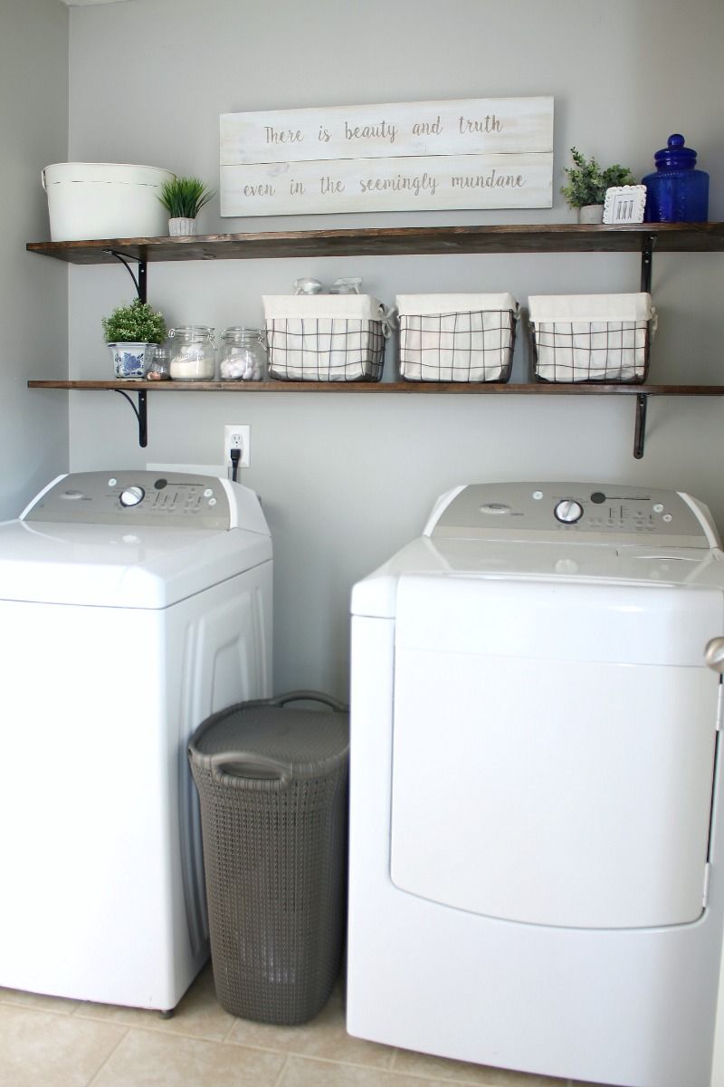 The easiest tutorial for DIY Laundry Room shelves! These inexpensive