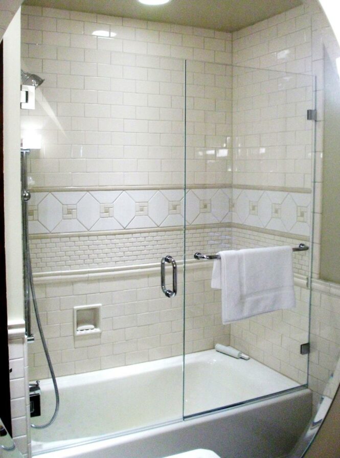 Frameless Shower Enclosure Door + Panel on Tub with WallMount Clips