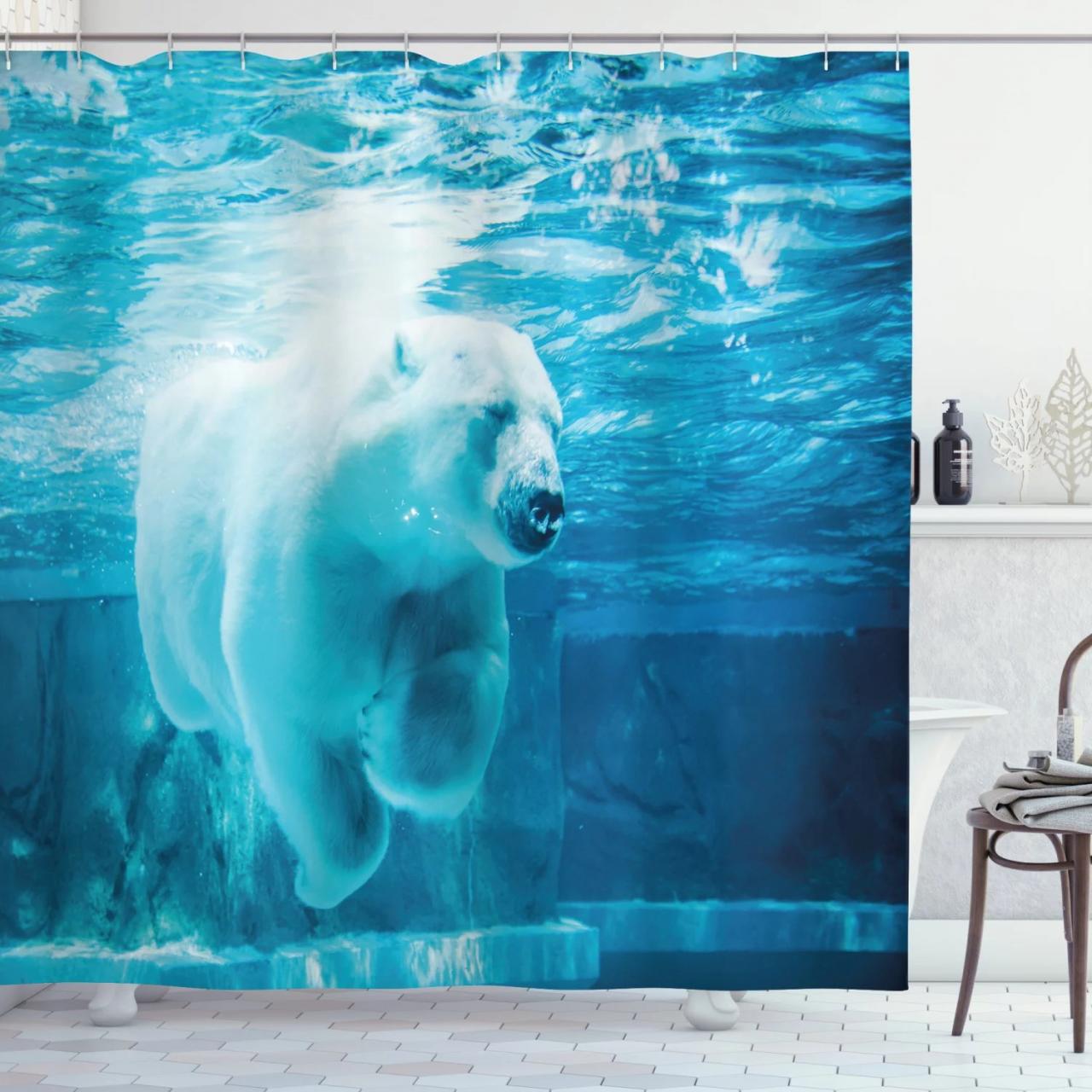 Bear Shower Curtain, Arctic Polar Bear Dipping into Water Swimming
