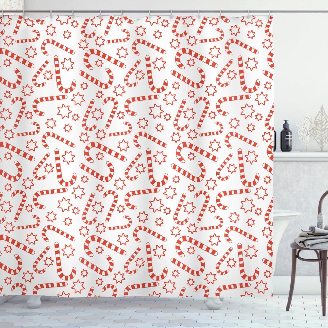 Candy Cane Shower Curtain, Illustration of Xmas Themed Figures