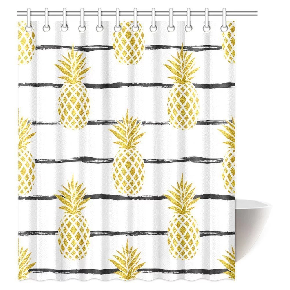 MYPOP Pineapple Decor Shower Curtain, Tropical Theme Vintage Stripe