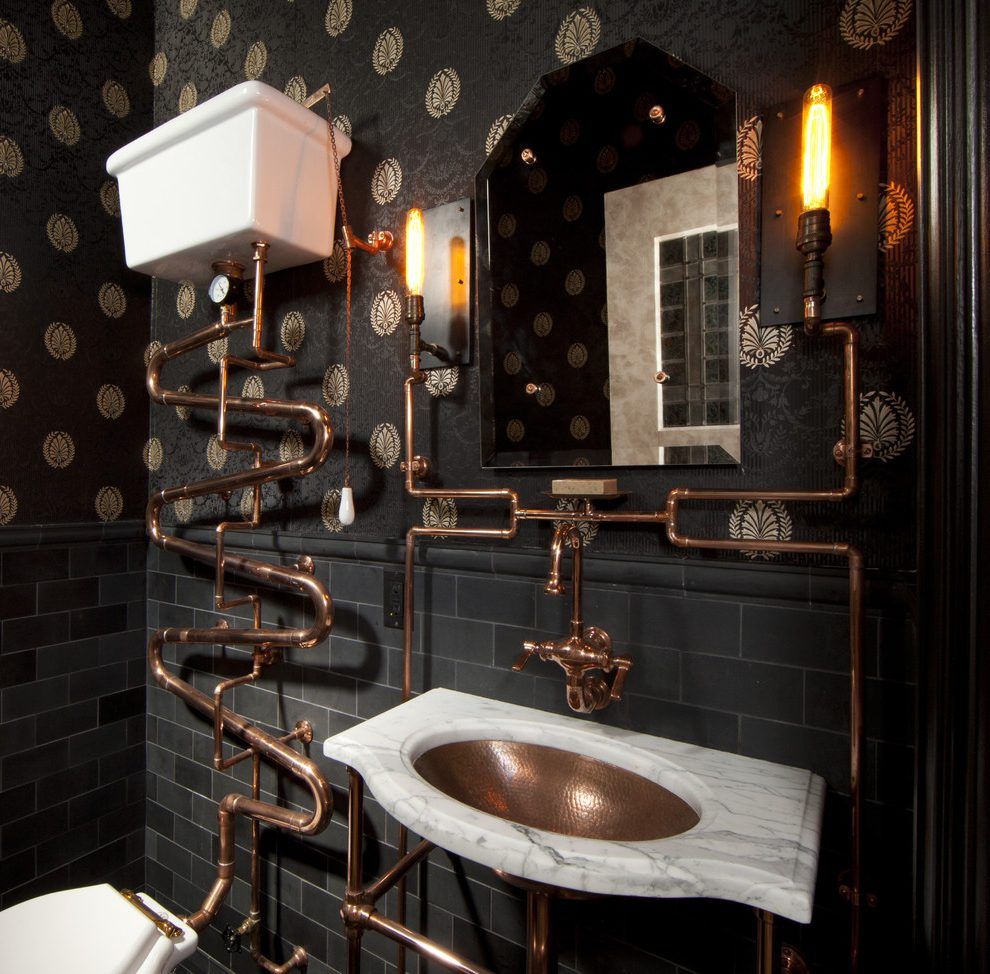 High tank toilet bathroom eclectic with subway tile copper sink