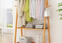 Wood Clothes Rack on Wheels Rolling Garment Rack with 2Tier Storage