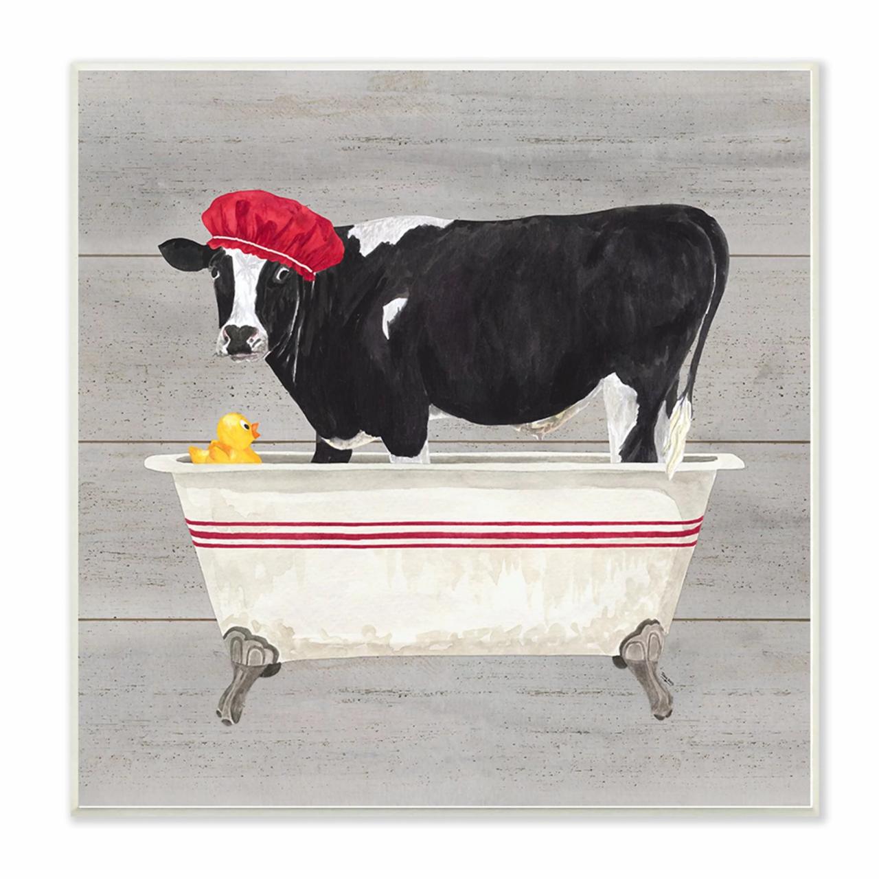 The Stupell Home Decor Collection Bath Time For Cows at Tub Red Black