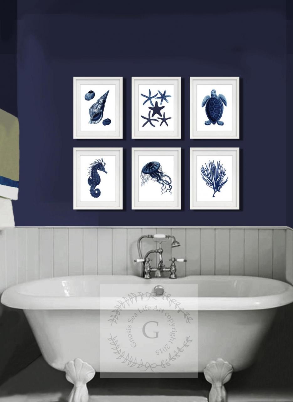 Dark Navy Blue Beach Decor set of 6 unframed Coastal Bathroom Etsy