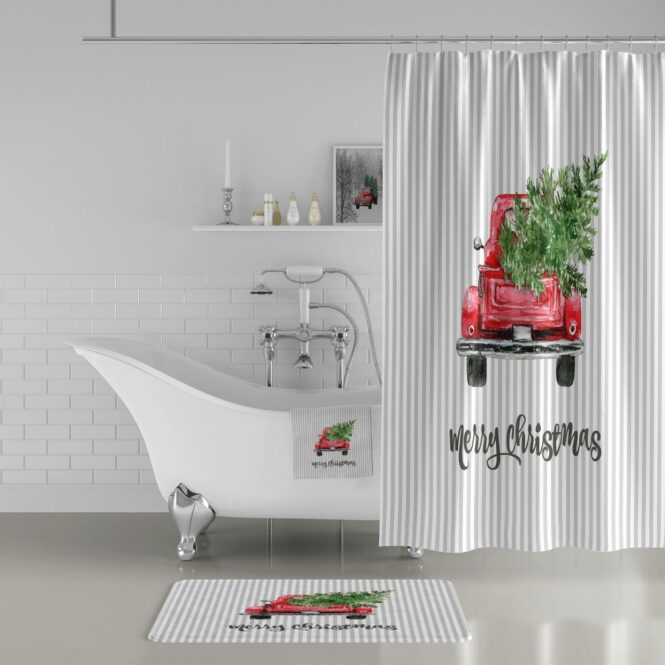 Red Truck Decor, Christmas Shower Curtain, Holiday Bathroom Decor