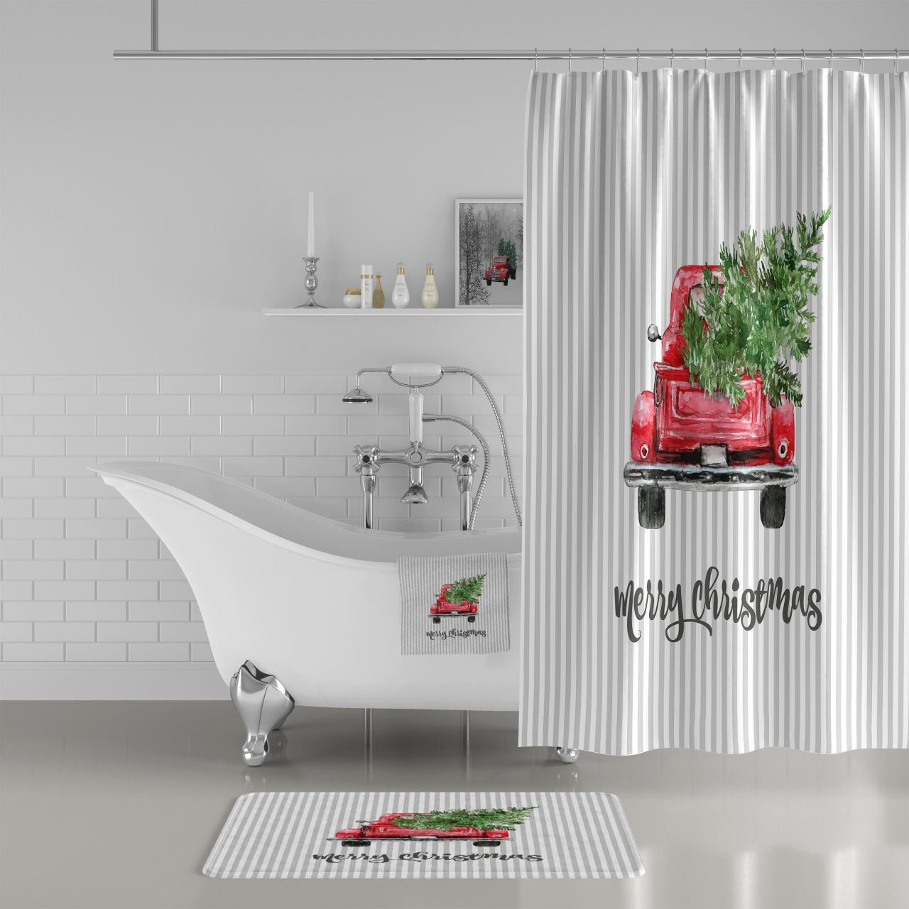 Red Truck Decor, Christmas Shower Curtain, Holiday Bathroom Decor