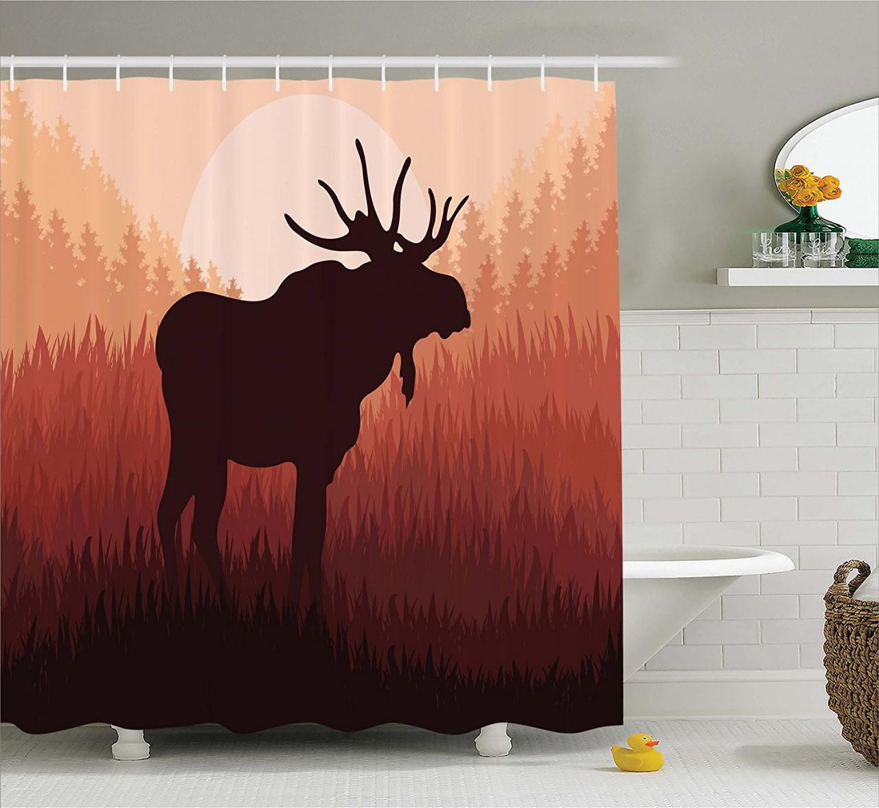 Moose Shower Curtain Set by , Antlers in Wild Alaska Forest Rusty Red