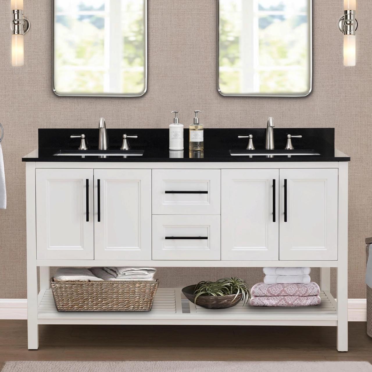 Sunjoy White 60 in. Transitional Style Double Sink Bathroom Vanity