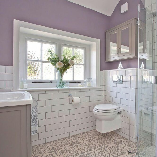 Lilacandwhitebathroomwithmetrotiles4 whitetiledbathroom in 2020