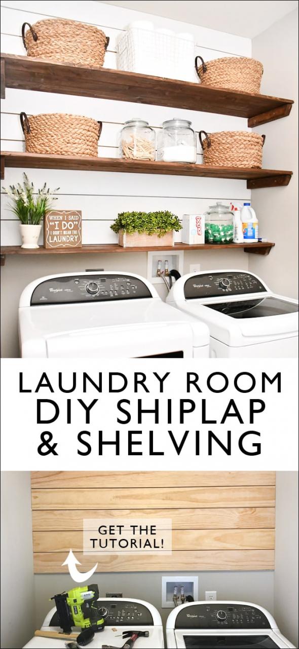 Laundry Room Shiplap and DIY Wood Shelves Easy Tutorial