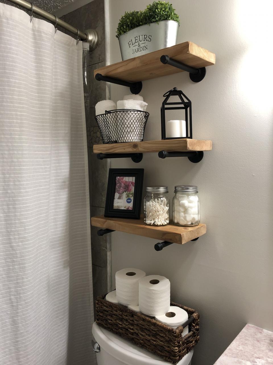 Farmhouse rustic bathroom shelves with dollar store decor Bathroom