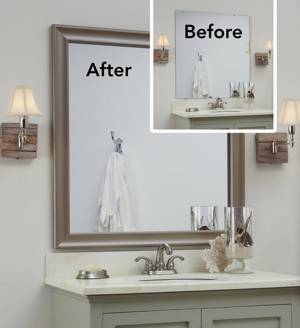 The "before" is a bare, plate glass mirror; the "after" a MirrorMate