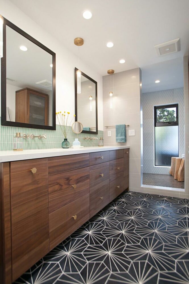 Master bathroom Love the wood vanity and the clean lines of the sinks