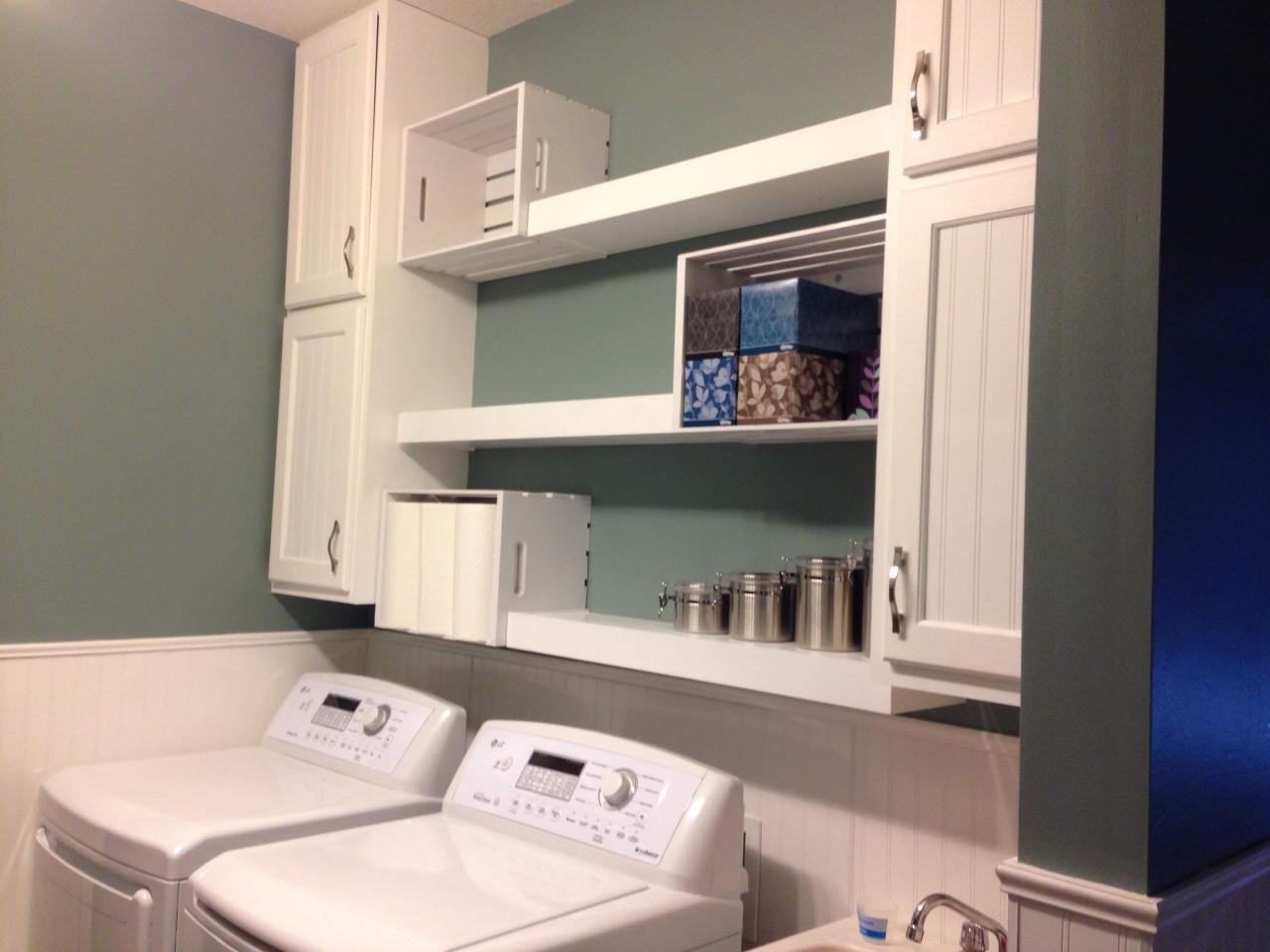 Laundry room shelves. Floating shelf paired with wood crate painted