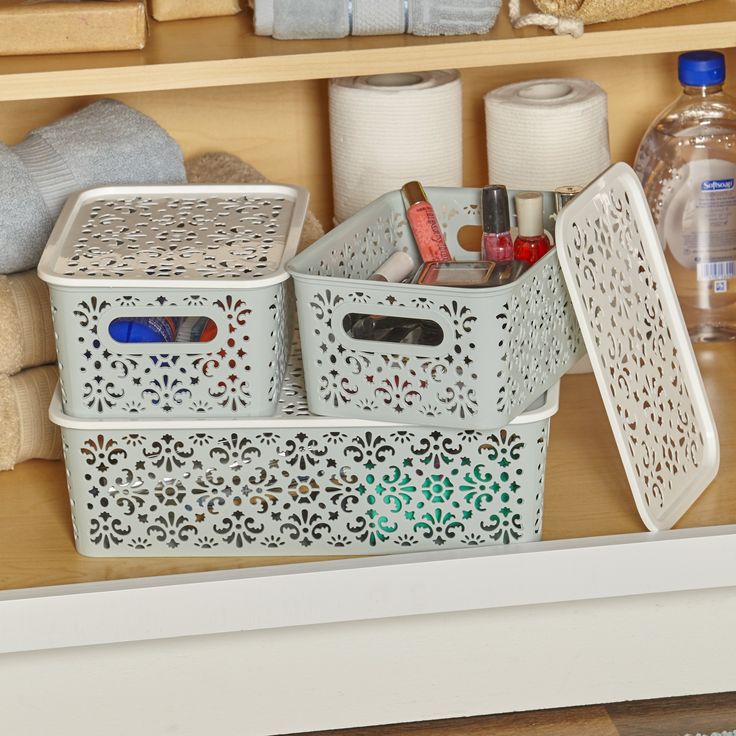 Set of 3 Stackable LaceDesign Bins with Lids for Bathrooms, Crafts