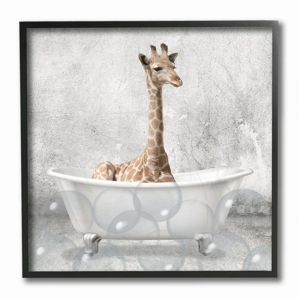 Stupell Industries Baby Giraffe Bath Time Cute Animal Design Framed