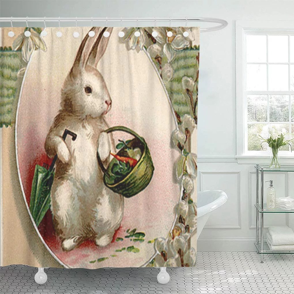 CYNLON Vintage Easter Bunny Egg Umbrella Lily Basket Retro Bathroom