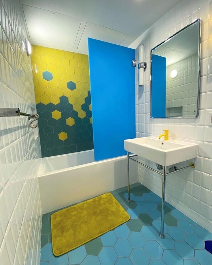 BRight blue and yellow bathroom with recycled content Yellow