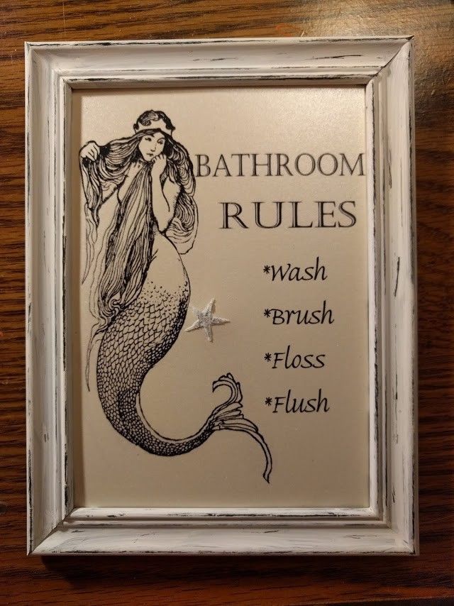 Vintage Mermaid Bathroom Rules Sparkle Starfish Metallic Framed Made in