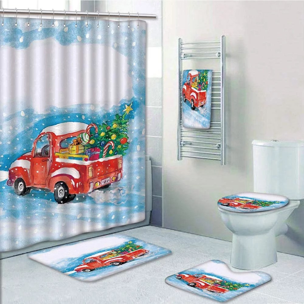 PRTAU Christmas Vintage Red Truck in Snowy Winter Scene with Tree Gifts