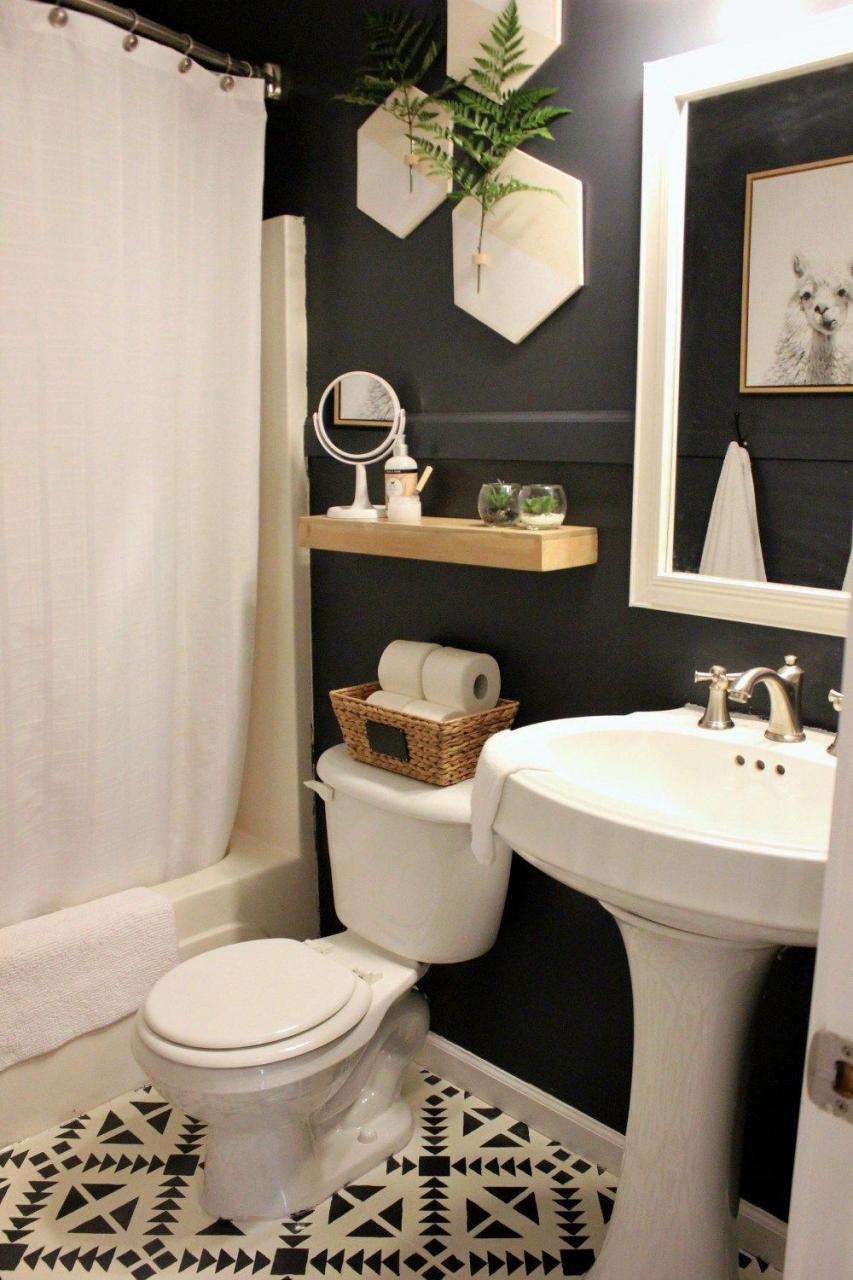 This small guest bathroom got a big update on a tight budget. With dark