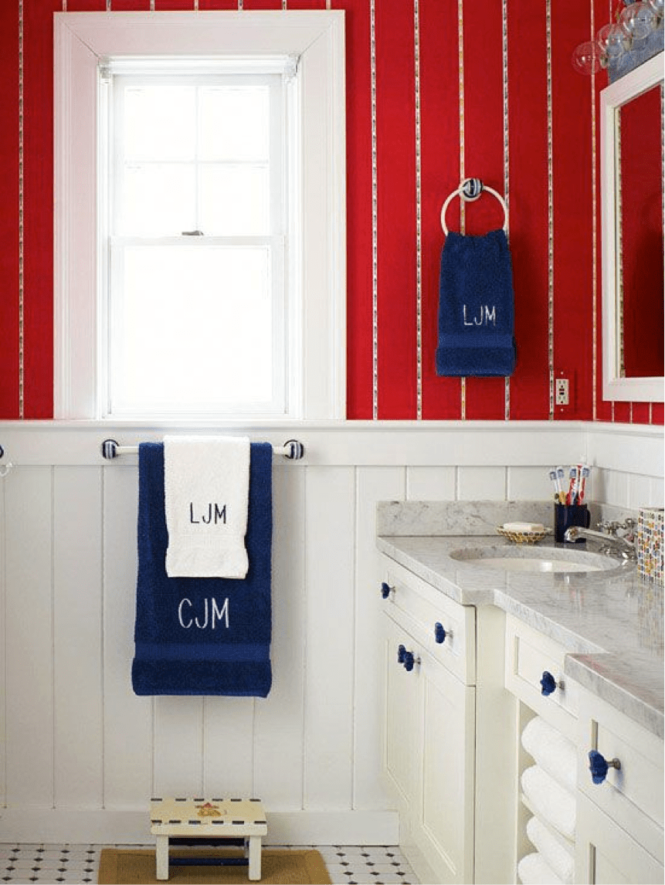 Image result for patriotic interior design Red Bathroom Decor, Cottage