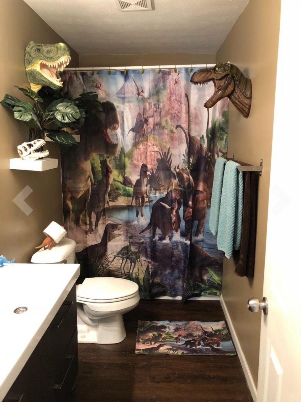 Unique bathroom idea for your boys. Dinosaur themed bathroom. Teen boy