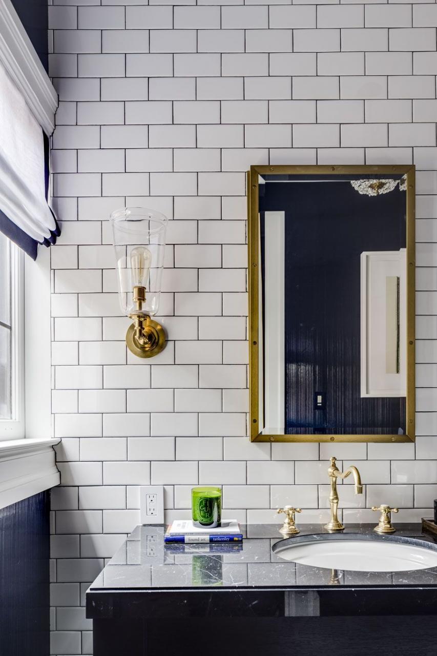 White subway tiles in navy and white bathroom Bathroom inspiration