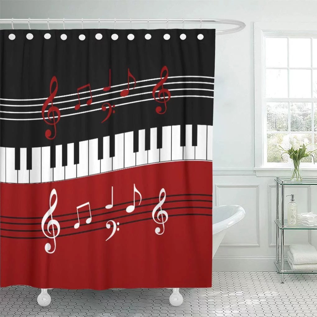 CYNLON Music Red Black Piano Keys and Notes Musician Musical Bathroom