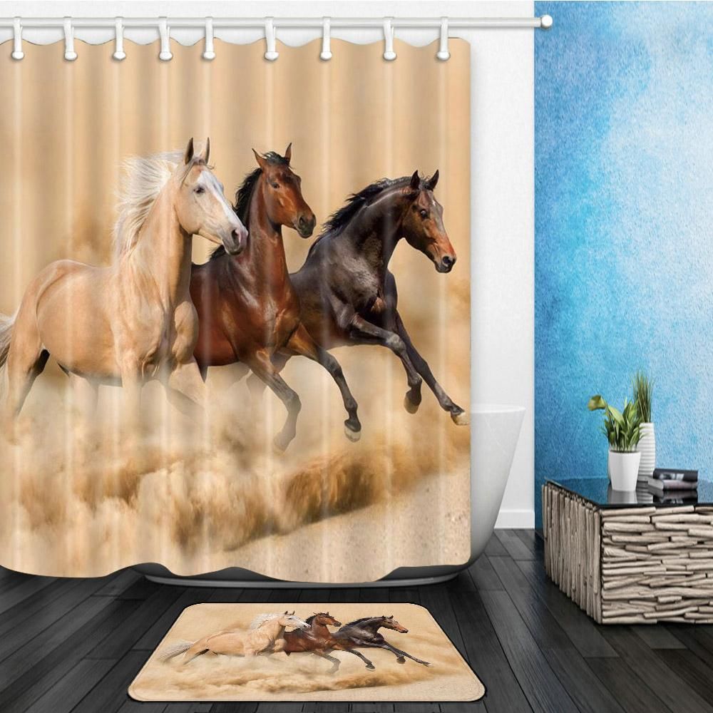 Khaki Black Brown Horse Shower Curtain Set in 2020 Horse shower
