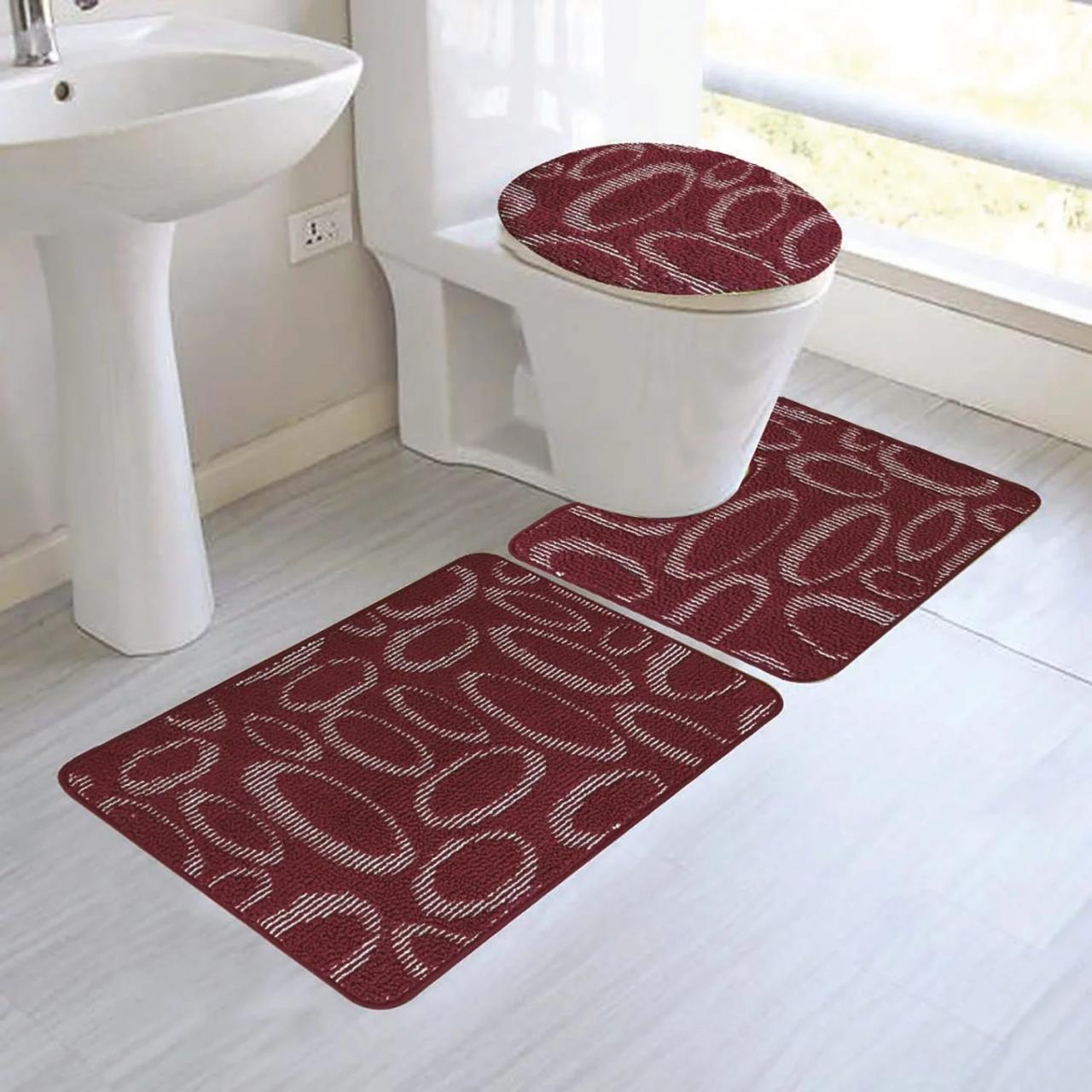 Margaret 3Piece Oversized Bathroom Rug Set, Oval Design, Burgundy