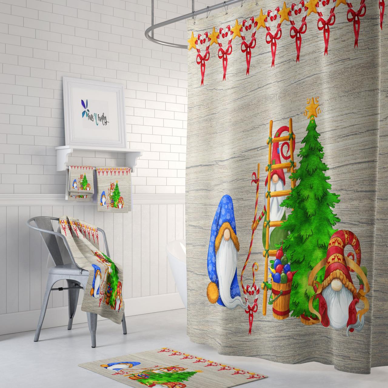 Gnomes Christmas Shower Curtain Elf Bathroom Decor Holiday Etsy