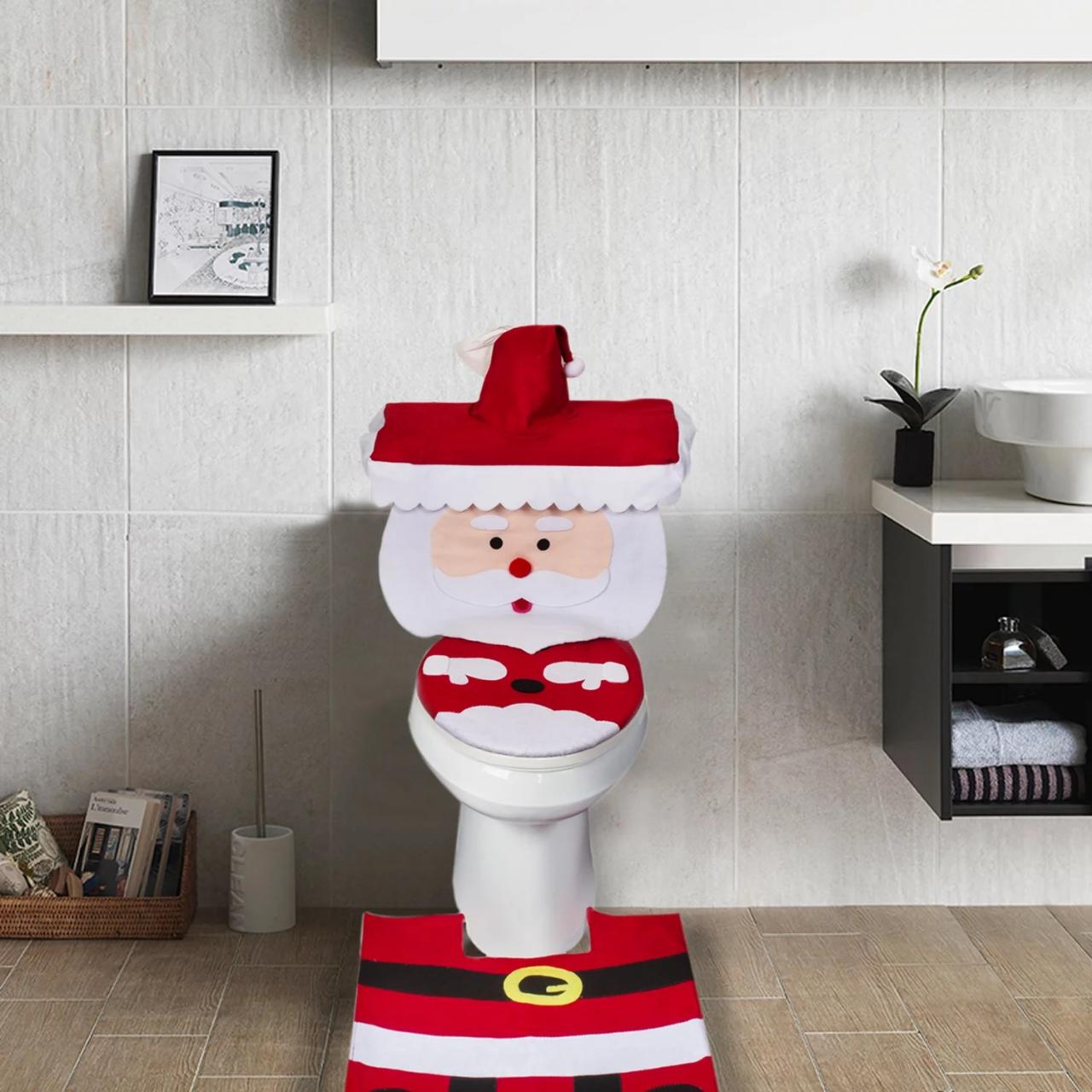 Christmas Bathroom Set Santa Claus Bathroom Rug & Toilet Seat Cover