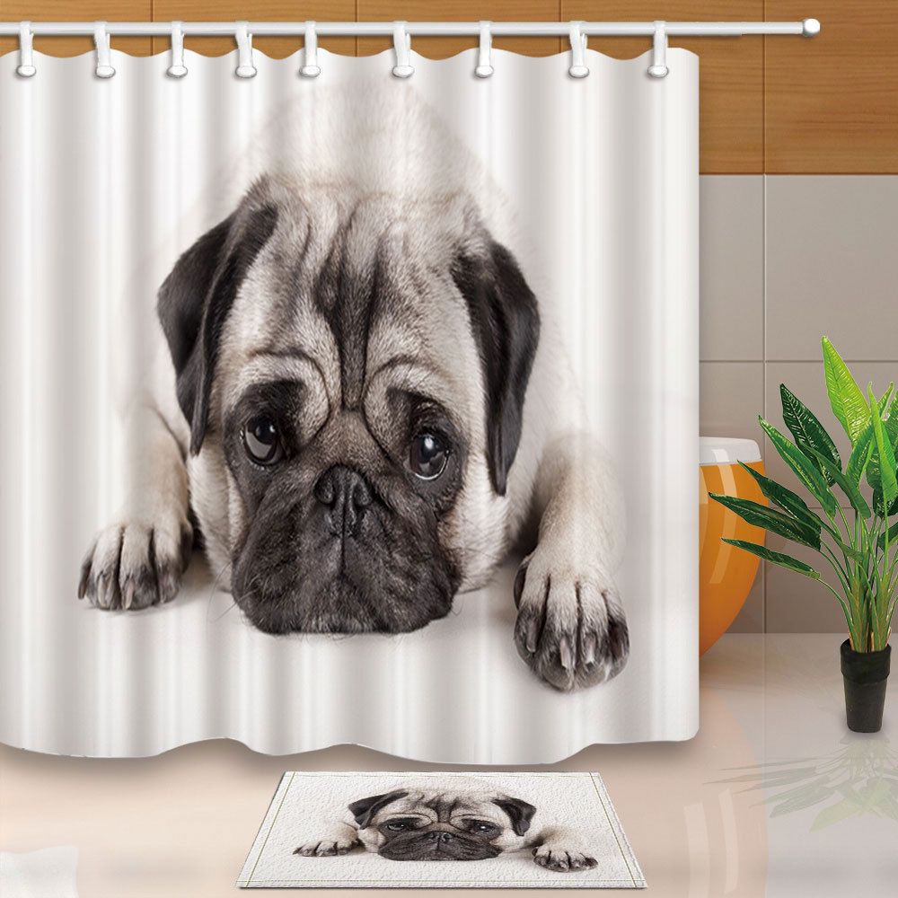 9.19 Lovely Animal Pug Puppy Dog Polyester Fabric Shower Curtain Set
