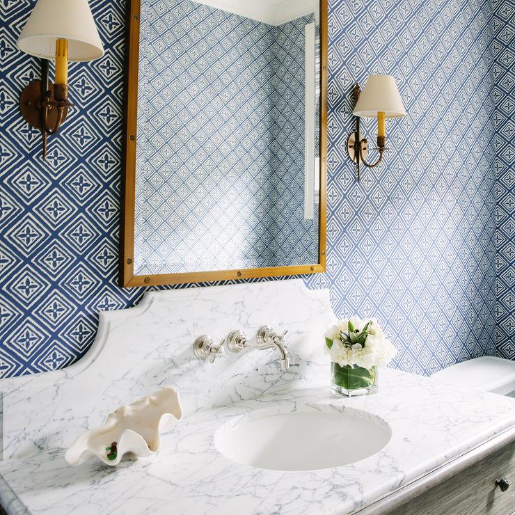 Blue and Gold Bathroom with Marble Top Washstand Transitional Bathroom