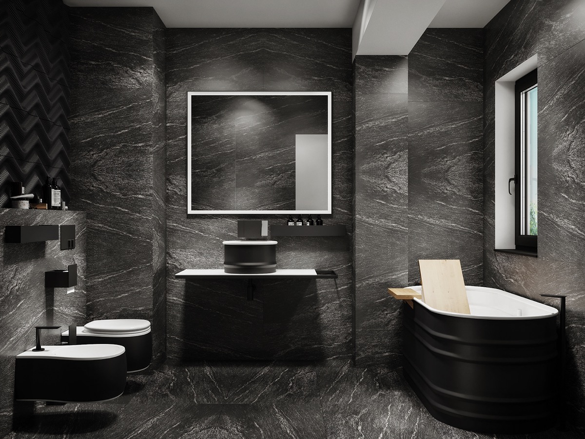 grey and black bathroom Interior Design Ideas
